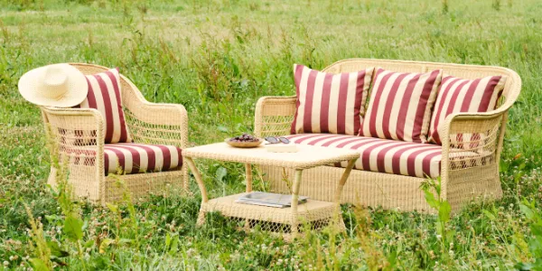 salon de jardin en résine Biarritz Naturel tissu rayures bordeaux
